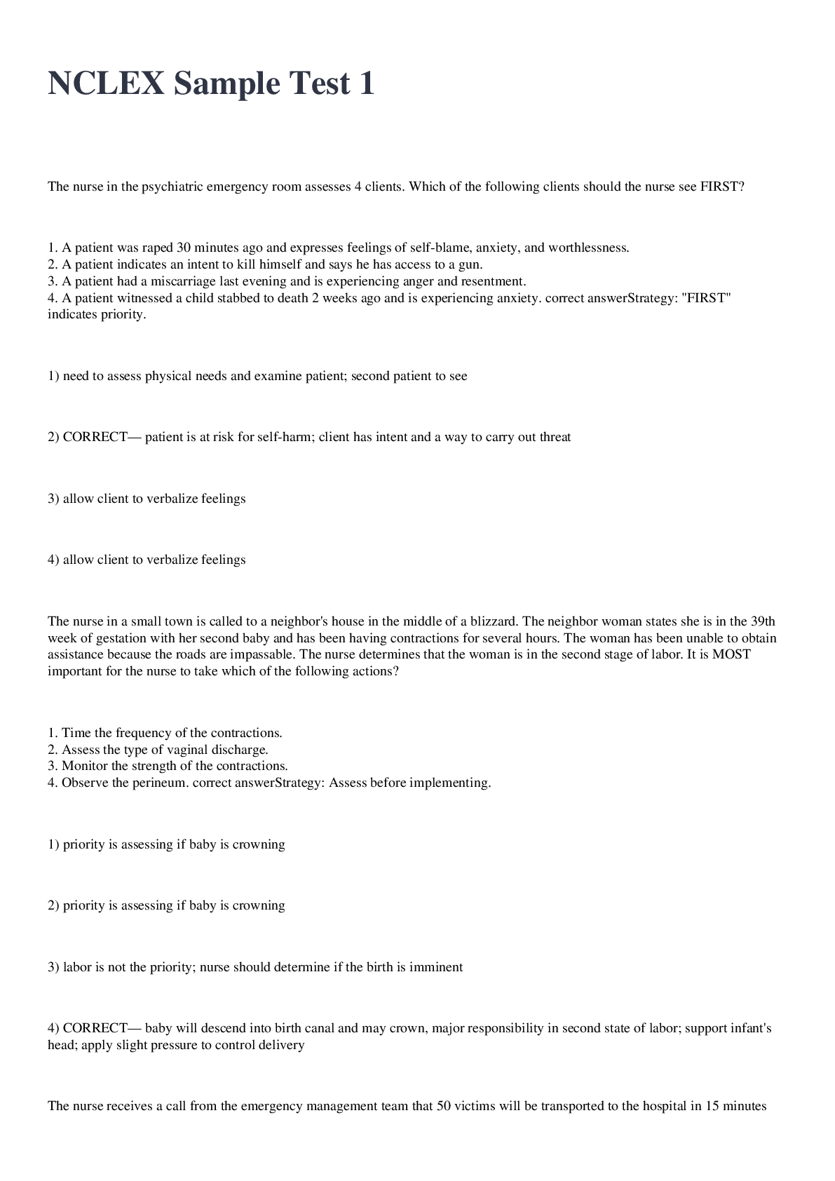 Preview image for NCLEX Sample Test 1  exam with 100% correct answers 2022/2023